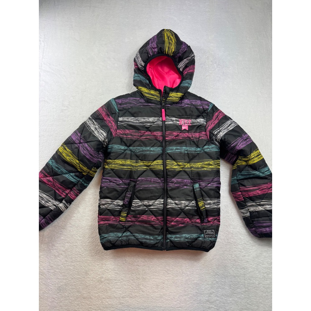 Nike Girls Puffer Jacket Scribble Stripe Quilted Hooded Coat Size M 10-12
